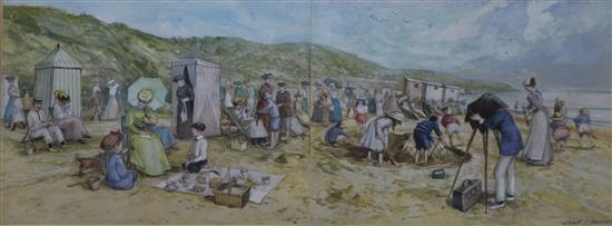 John Strickland Goodall (1908-1996), watercolour, Edwardian beach scene, watercolour on paper with additional works verso